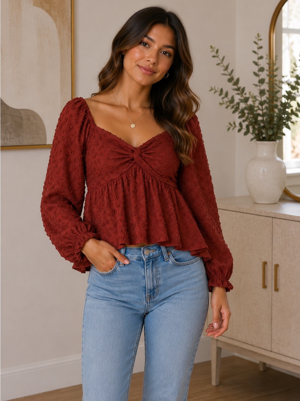 American Eagle Rust Textured Clip Dot Twist-Front Long Sleeve Blouse - Size XS - Picture 1 of 8